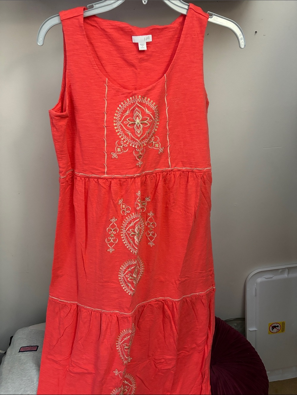 J. Jill Coral Sleeveless Embroidered Tiered Dress